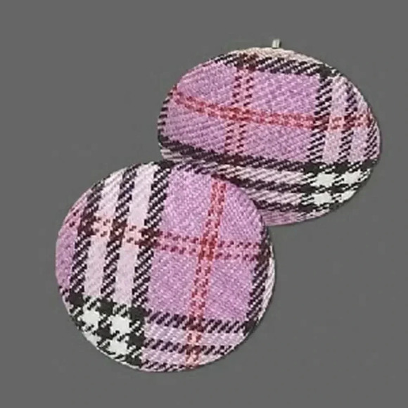 Fashion Jewelry Jewelry - Purple Black and White Tartan Plaid Retro Mod Fabric Button Earrings